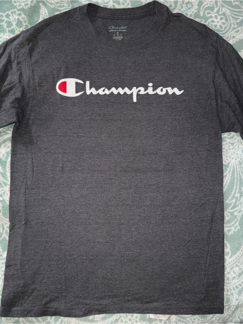 Champion Dark Gray Short Sleeve Logo Tee with White & Red Accent